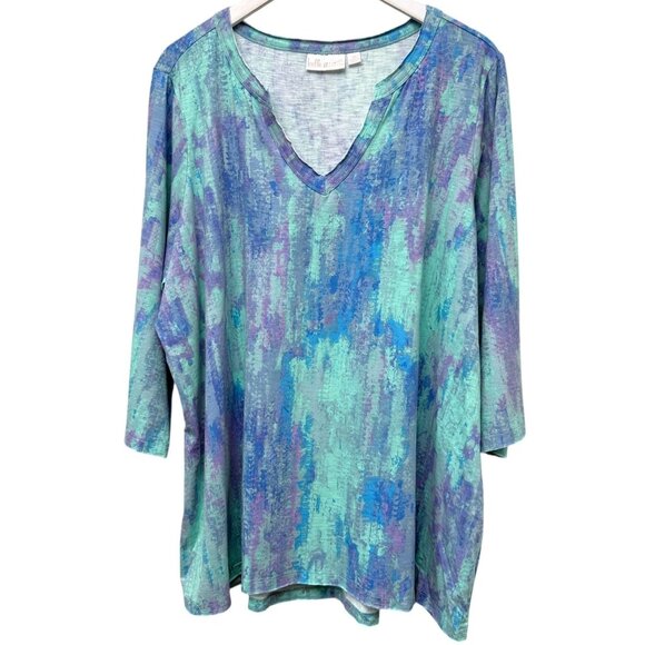 BELLE Kim Gravel Womens Top Plus Size 2X Blue Green Watercolor Tunic Tee NWOT - Picture 1 of 7